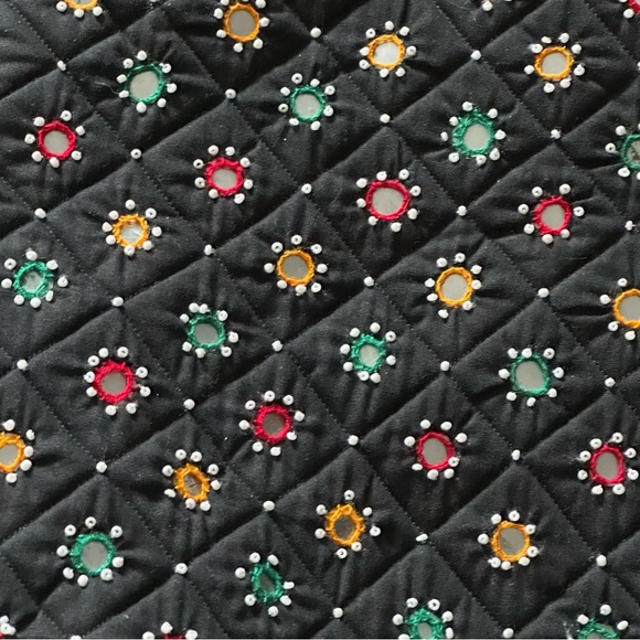 Fabric Tote Bag Black With Tiny Mirror/Pearl Accents Multi Color - Picture 3 of 7